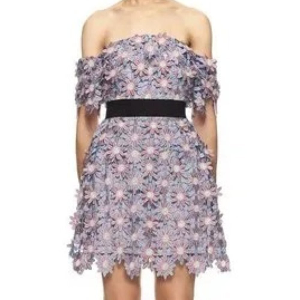 NWT Self-Portrait 3D Floral Off Shoulder Purple Lace Dress $580